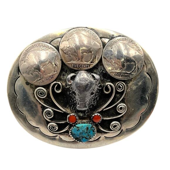 Squaw Wrap Vintage Native American Turquoise Coral Buffalo Nickel Belt Buckle - Picture 1 of 8